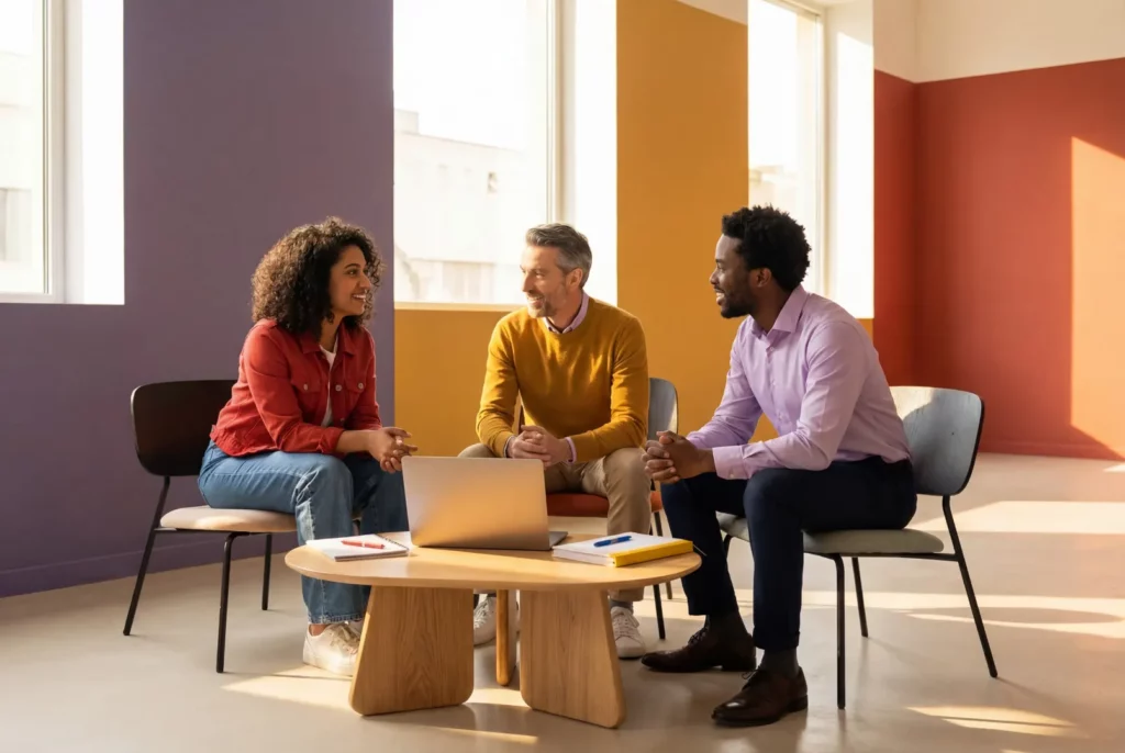 Trois professionnels échangent autour d’une table basse dans un espace de travail lumineux
